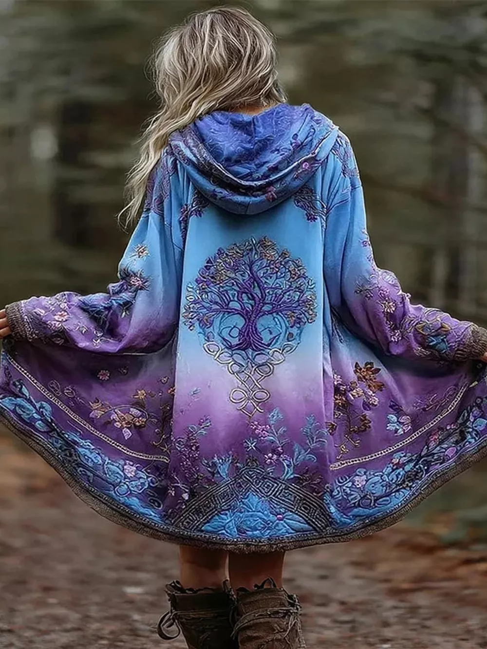 Full Size Tree Graphic Back Hooded Outerwear Plus Size