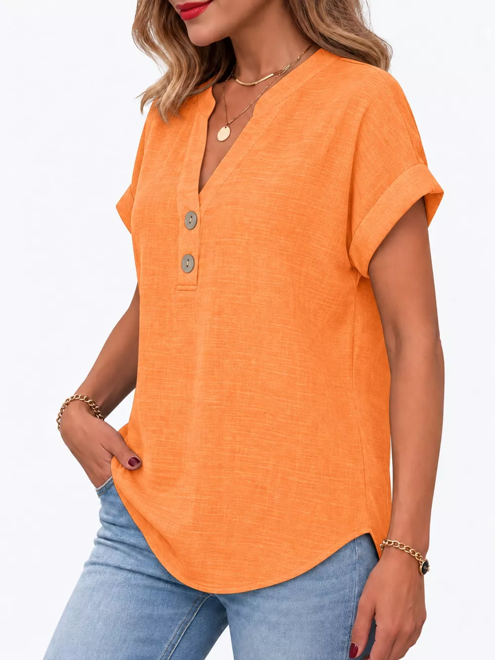 Full Size Button Detail Short Sleeve Blouse Plus Size, image 77