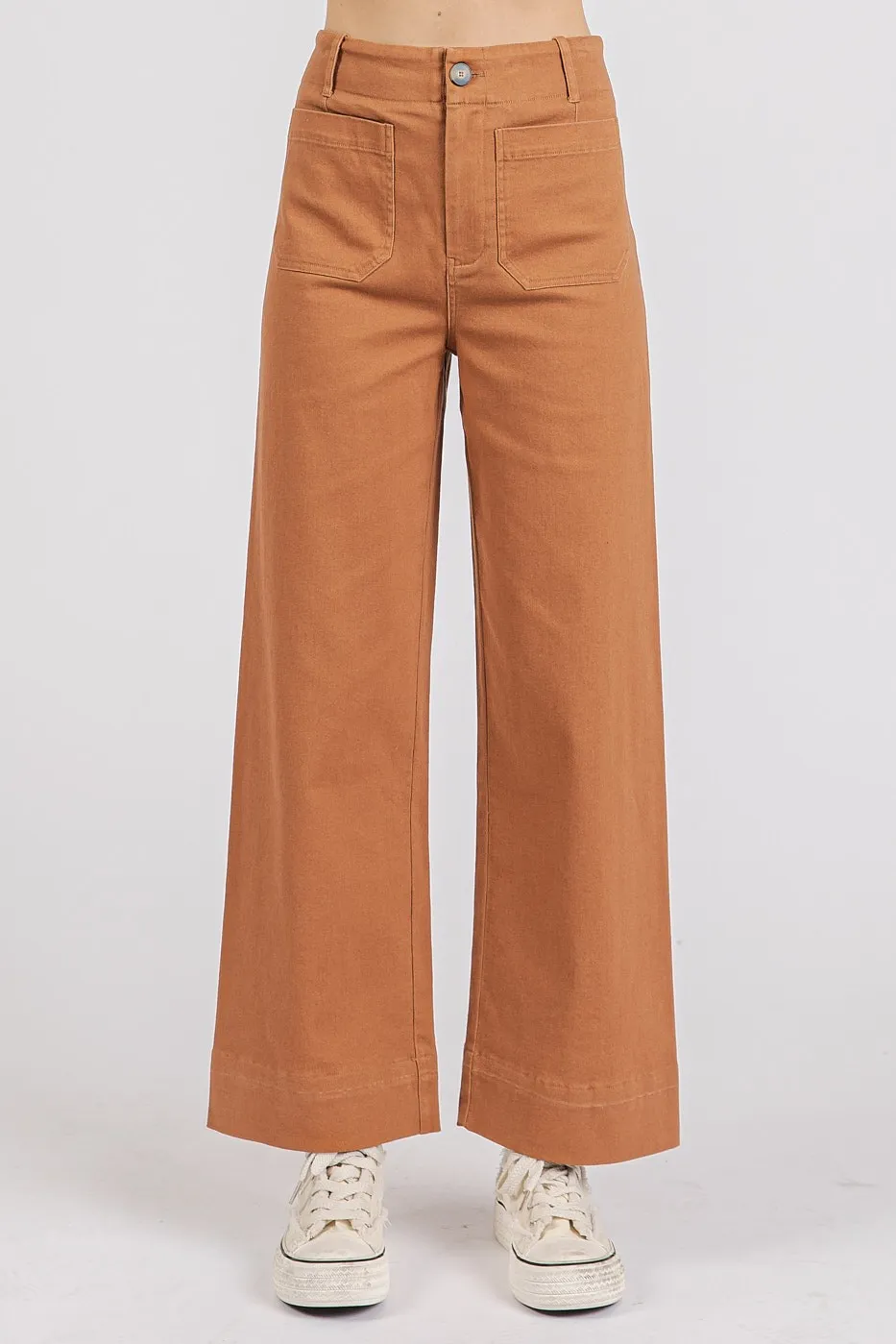 Twill Patch Pocket High Rise Wide Leg Pants