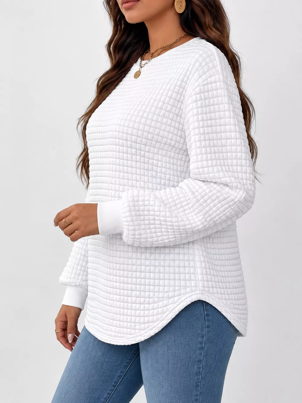 Plus Size Textured Waffle Knit Crew Neck Sweatshirt, image 4