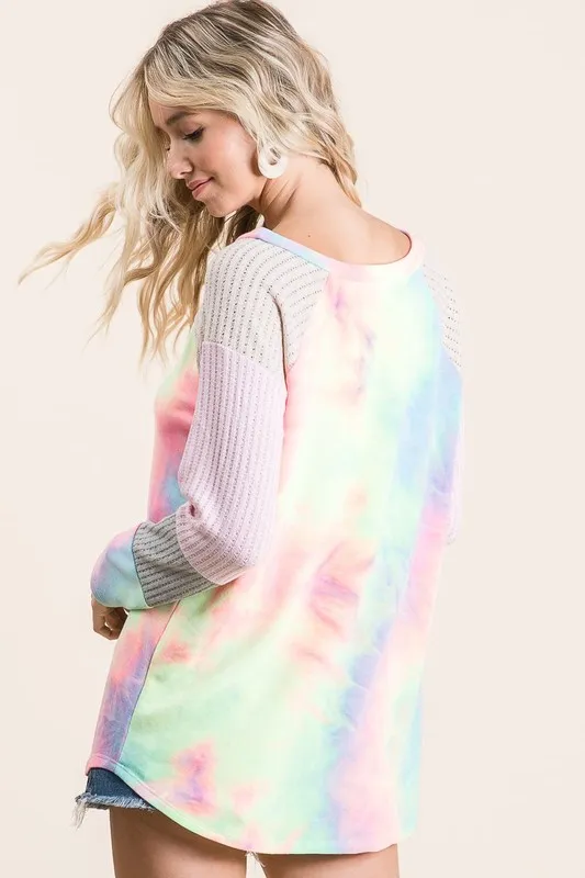 Tie Dye Terry Top With Color Block Pointelle Knit, image 4