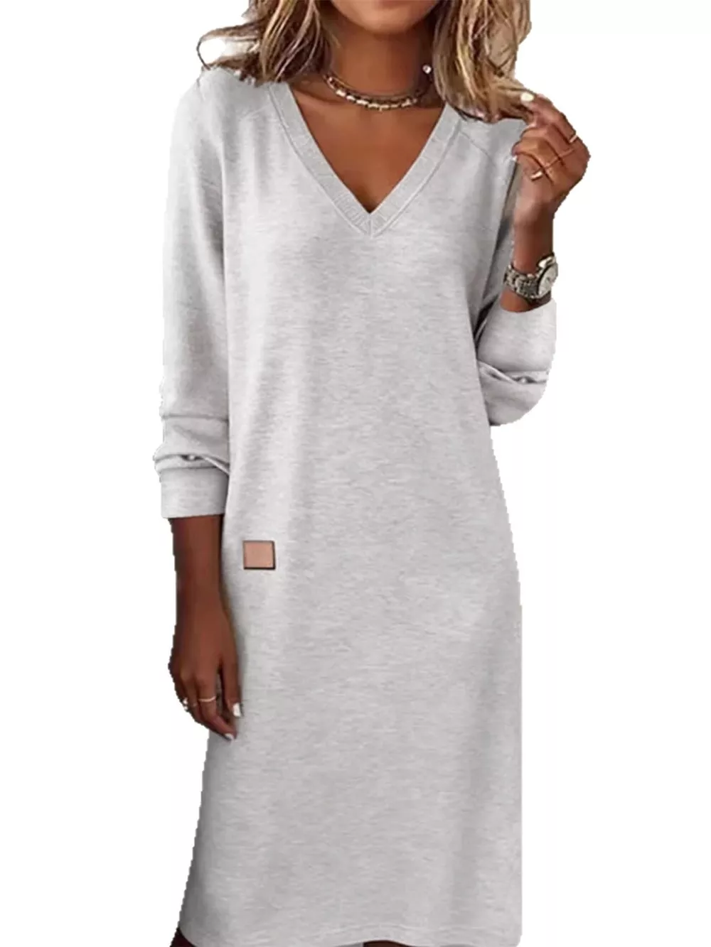 Full Size V-Neck Long Sleeve Midi Dress Plus Size, image 2