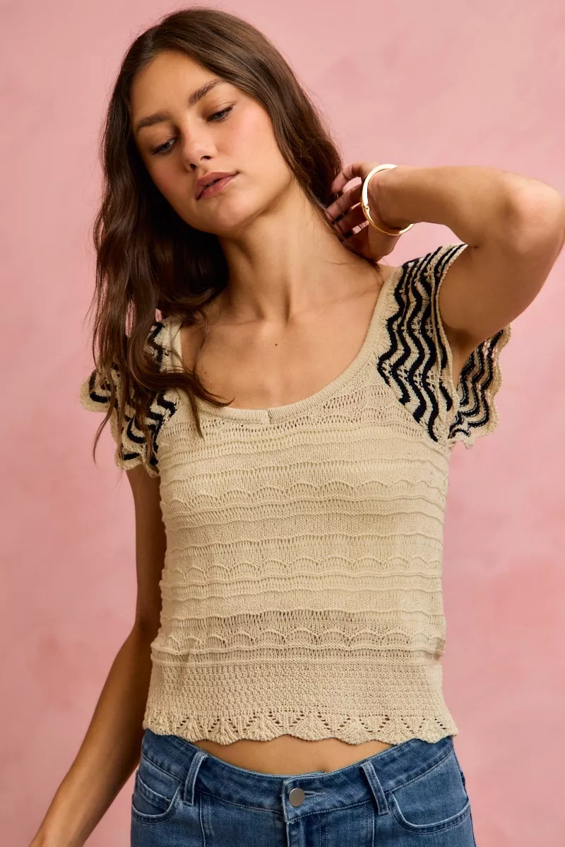 Wavy Textured Knit Top With Fluttered Sleeves, image 17