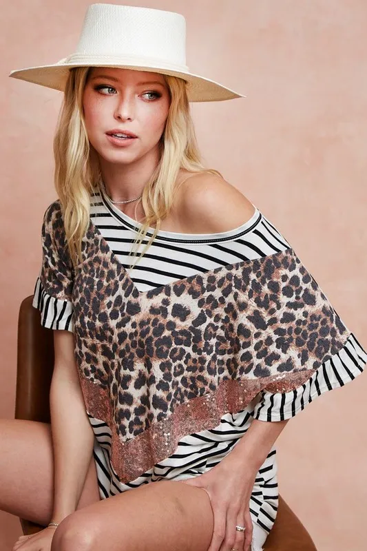 Stripe Rayon Span Knit Color Block Top With Leopard, image 10
