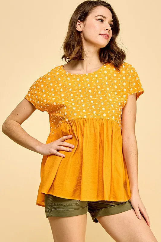 Embroidered Short Sleeve Pleated Babydoll Top, image 6