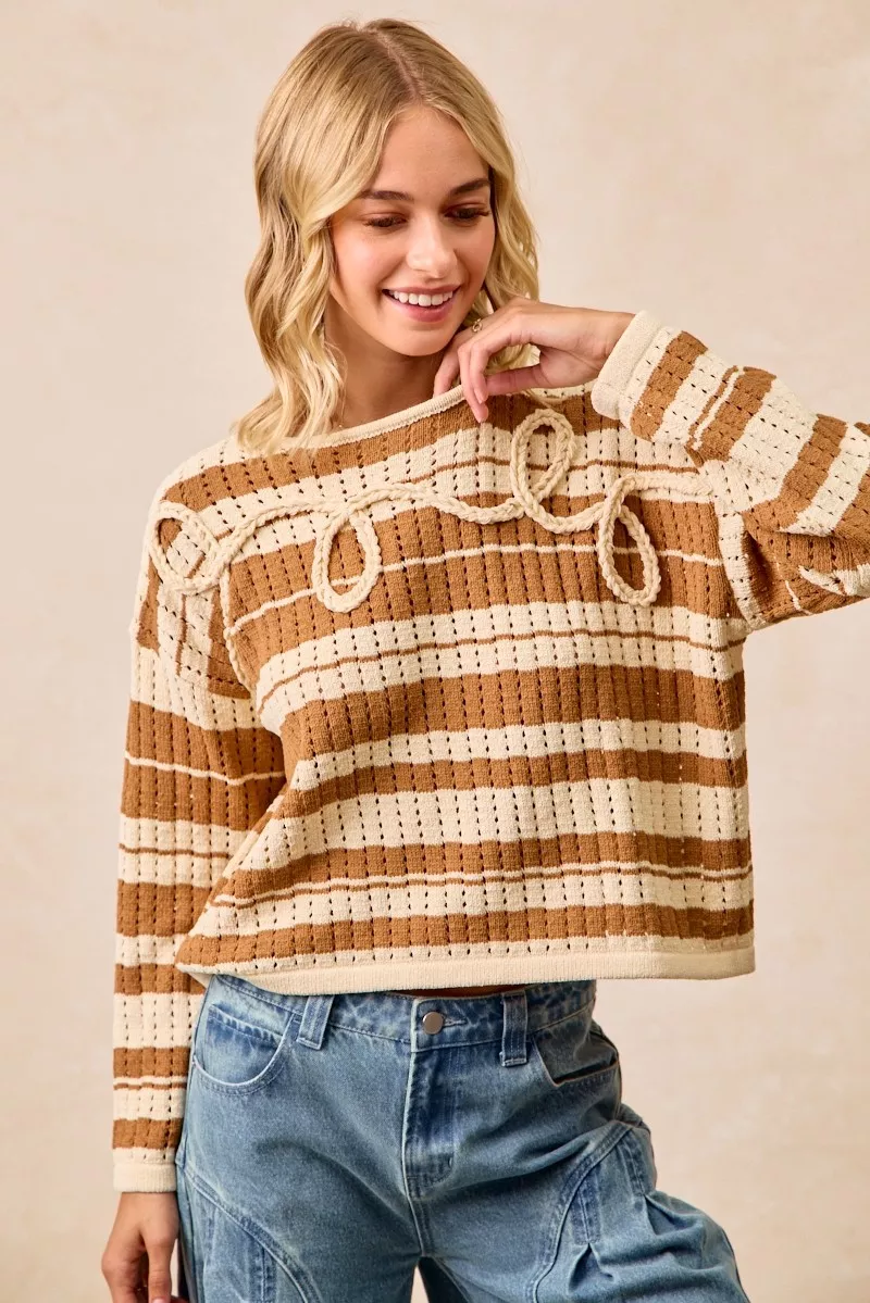 Striped Open Knit Sweater Top with Front Braided Detail, image 11