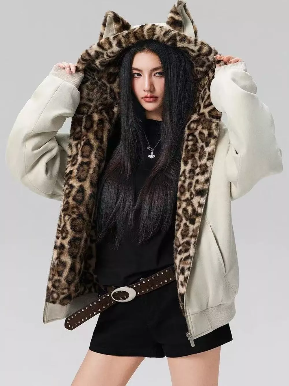 Leopard Faux Fur Lined Zip Up Jacket, image 8
