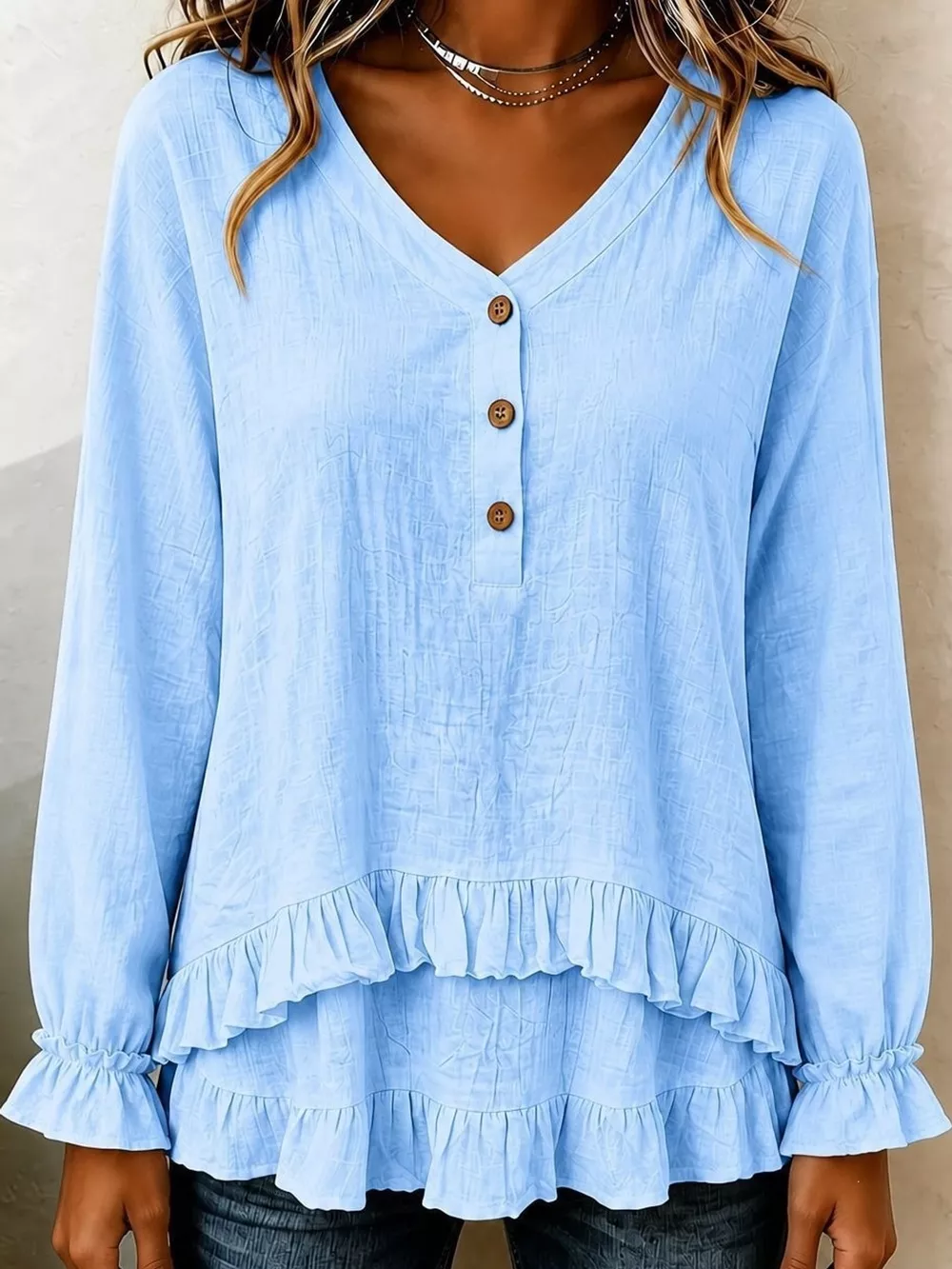 V-Neck Long Sleeve Ruffled Hem Blouse, image 13