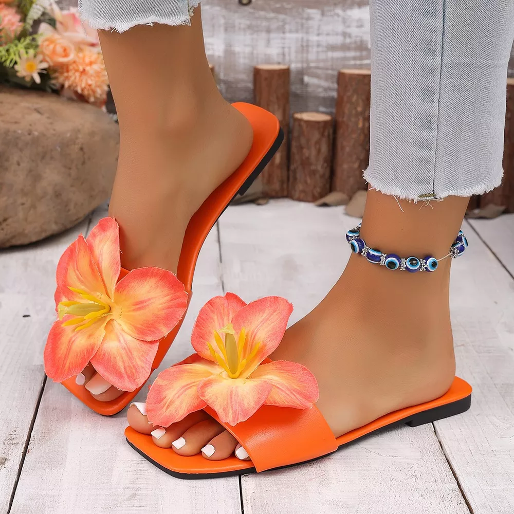 Floral Embellished Square Toe Slide Sandals, image 7