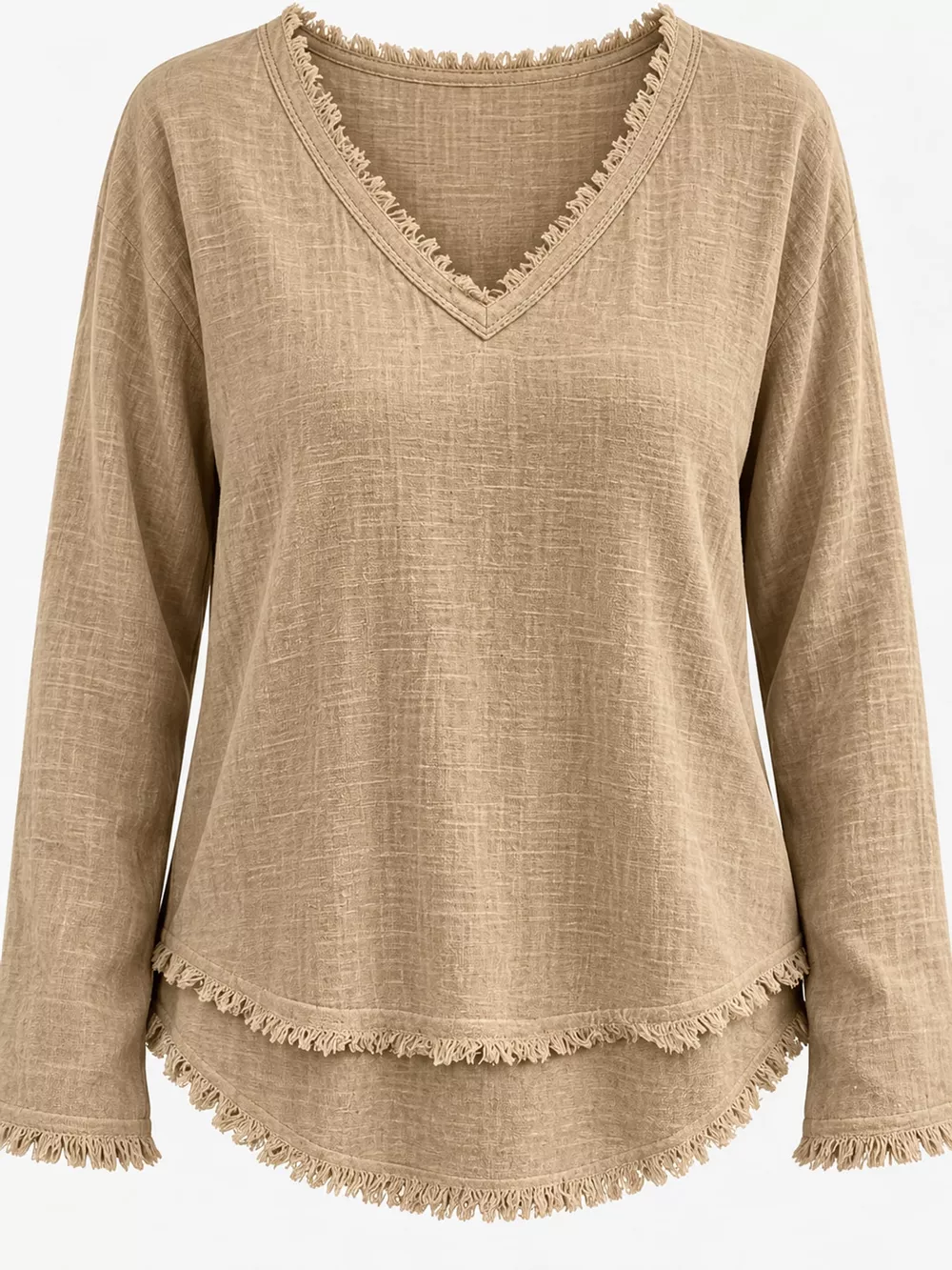 Full Size Frayed Hem V-Neck Long Sleeve Blouse Plus Size, image 66
