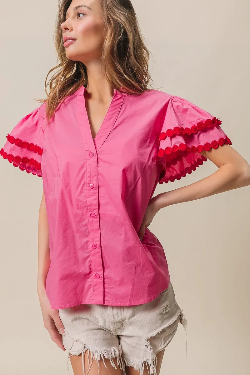 Dot Trim Flutter Sleeve Notched Top, image 19