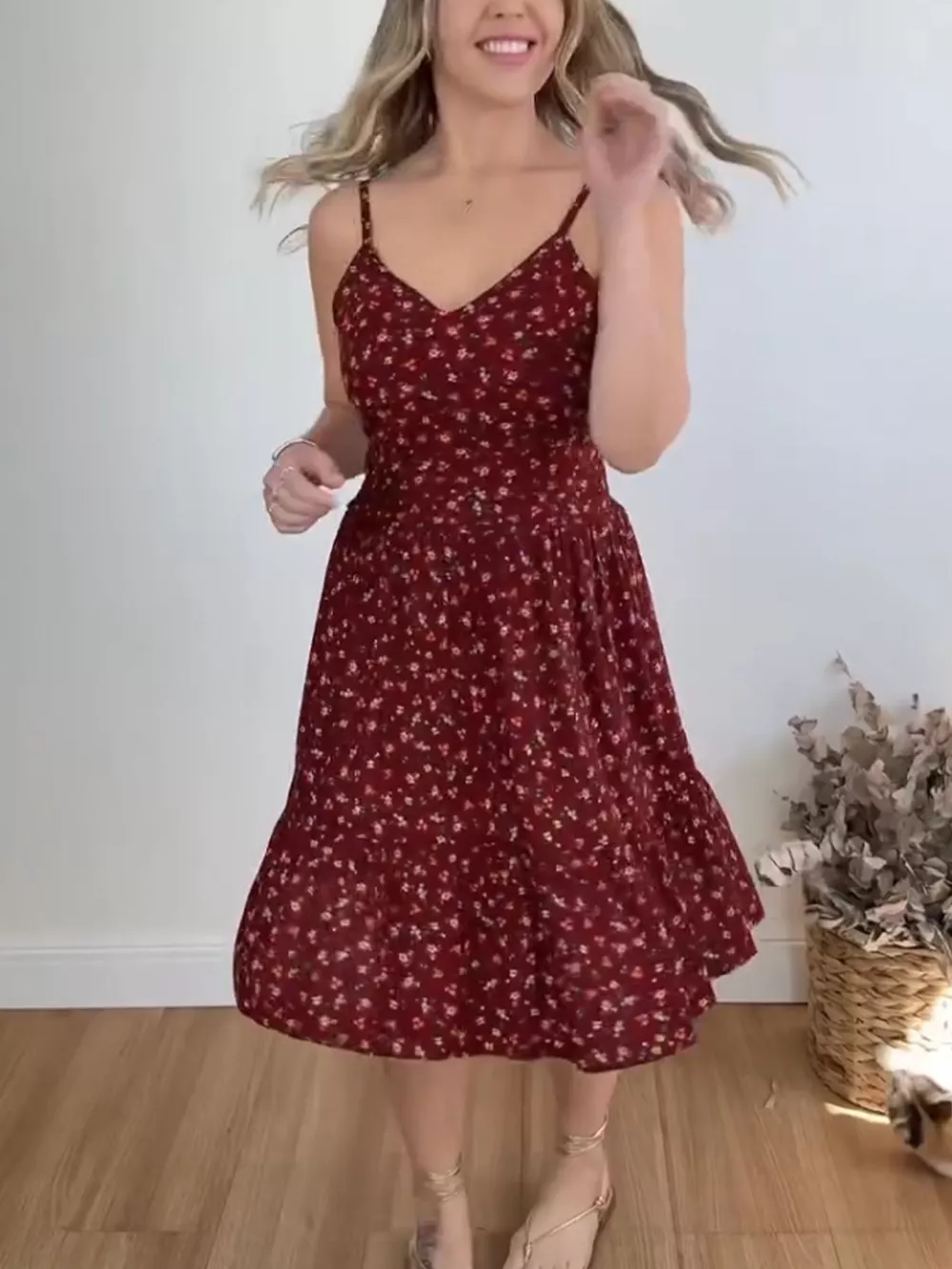 Floral Print Spaghetti Strap Ruffle Hem Dress, image 2