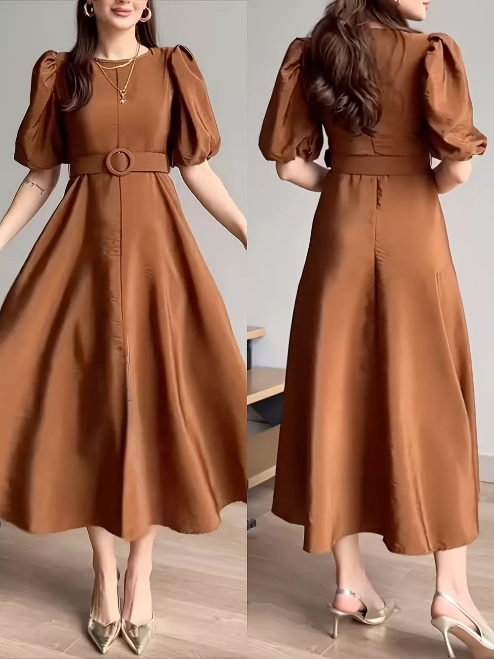 Belted Puff Sleeve Midi Dress, image 3