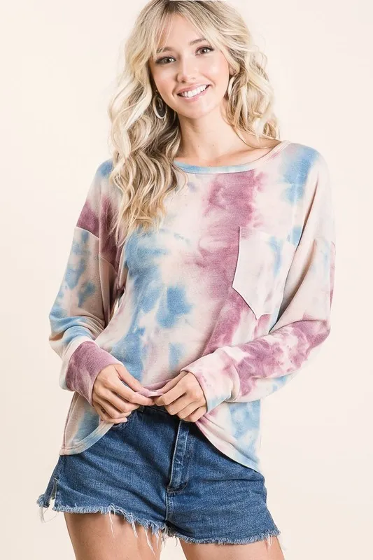 Tie Dye Print Terry Top With Front Patch Pocket, image 2