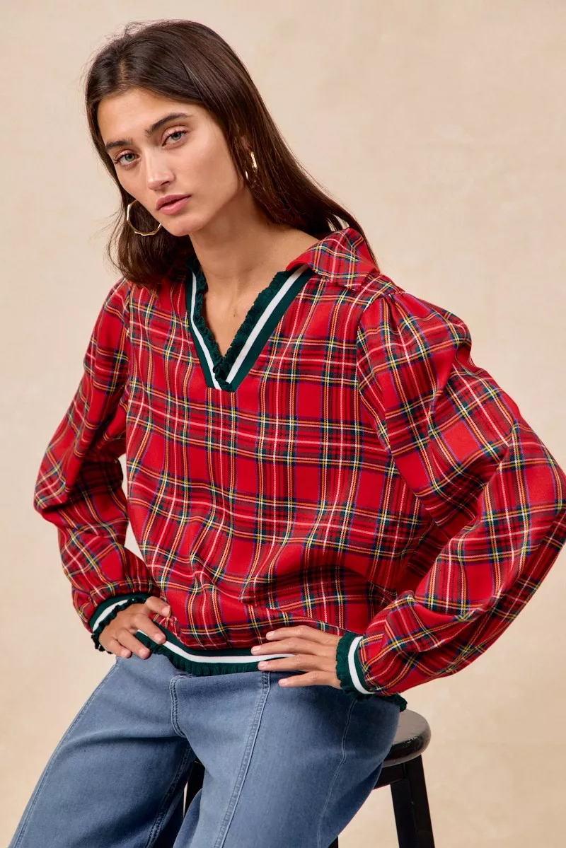 Christmas Plaid Collared Top with Ruffled Detail, image 6