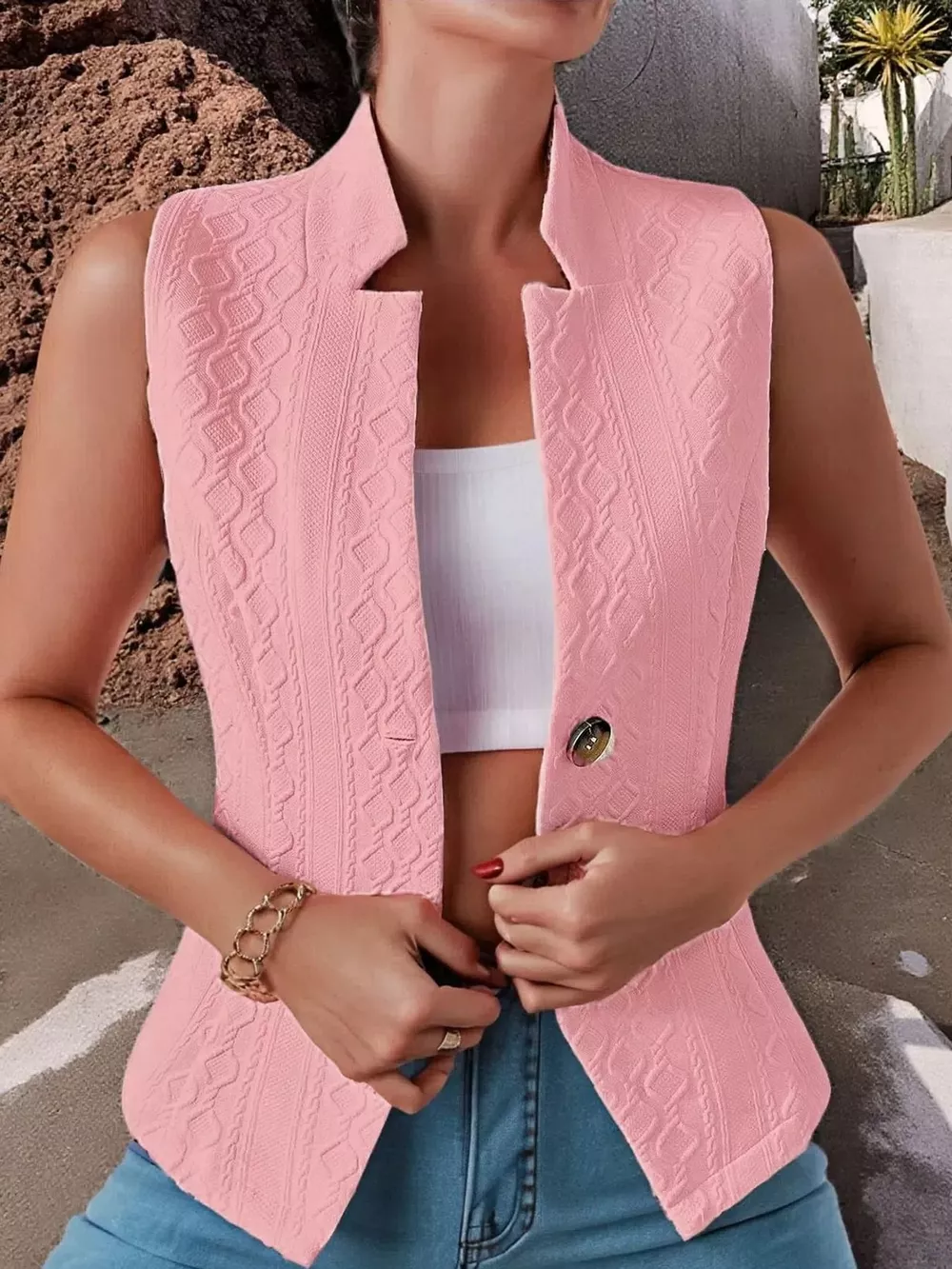 Textured Slim-Fit Button-Down Vest Coat, image 9