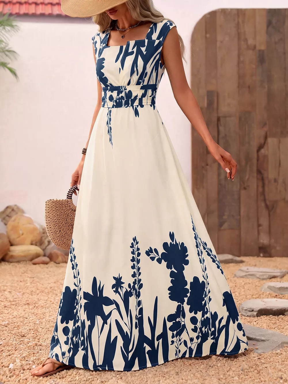 Printed Square Neck Maxi Dress, image 3