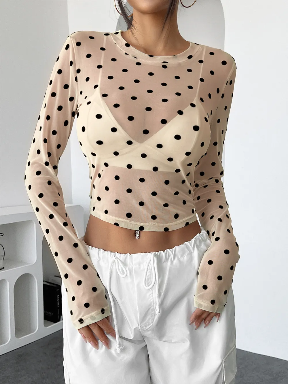 Polka Dot Mesh Long Sleeve Crop Top, image 5