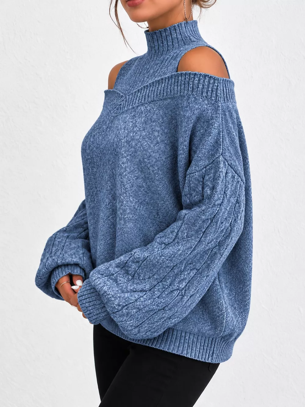 Full Size Cold Shoulder Mock Neck Cable Knit Sweater Plus Size, image 10