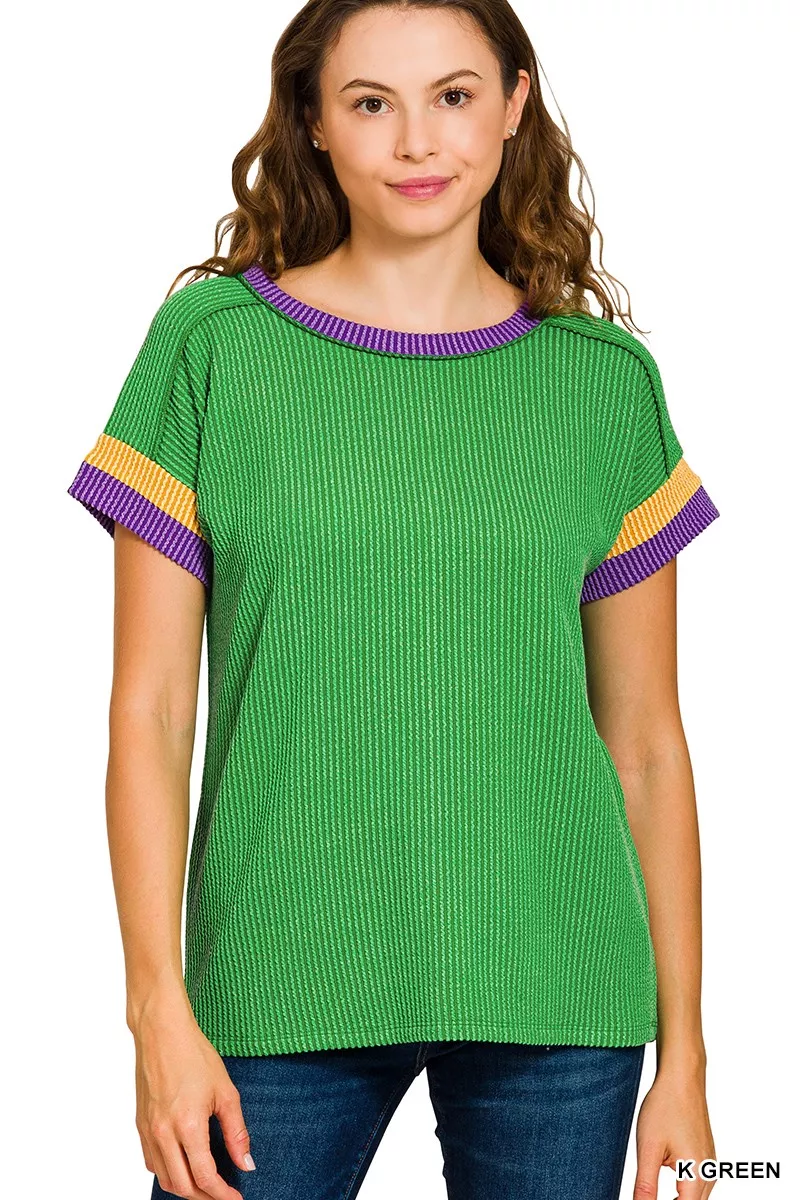 Mardi Gras Raised Rib Contrast Trim Top, image 3