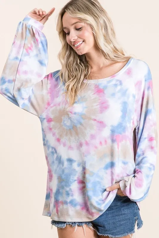 Tie Dye Print Terry Top With Puff Sleeves, image 2