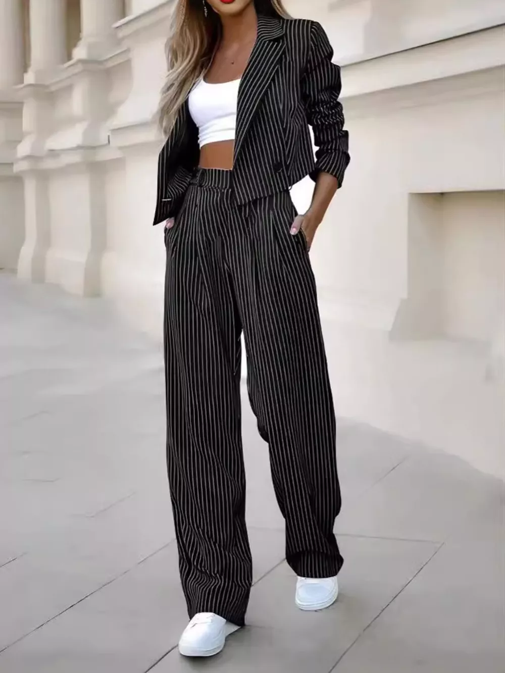 Striped Cropped Blazer and Wide-Leg Pants Two-Piece Set, image 3