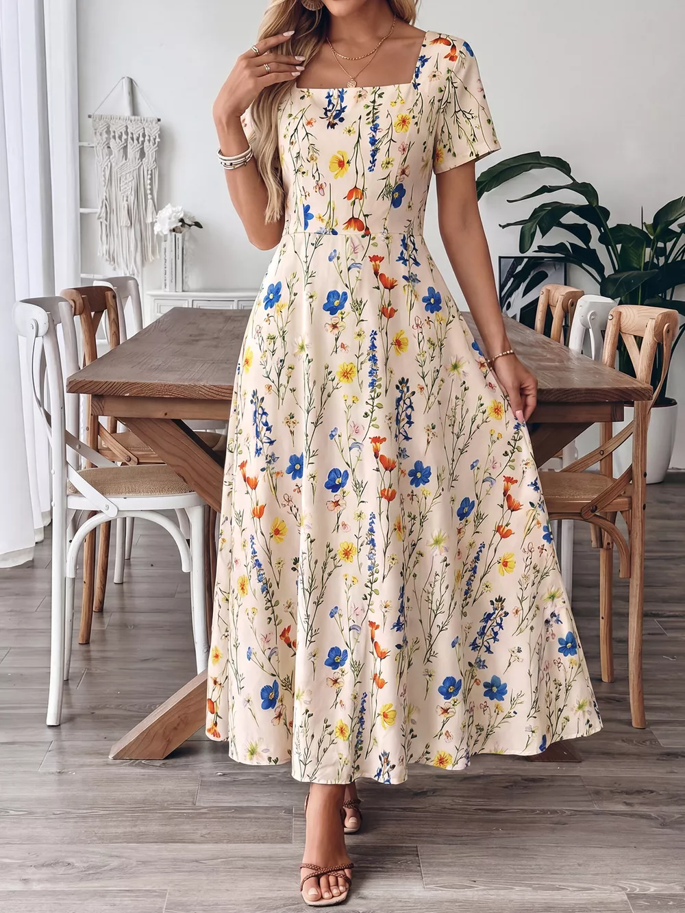 Floral Print Square Neck Casual Maxi Dress, image 5