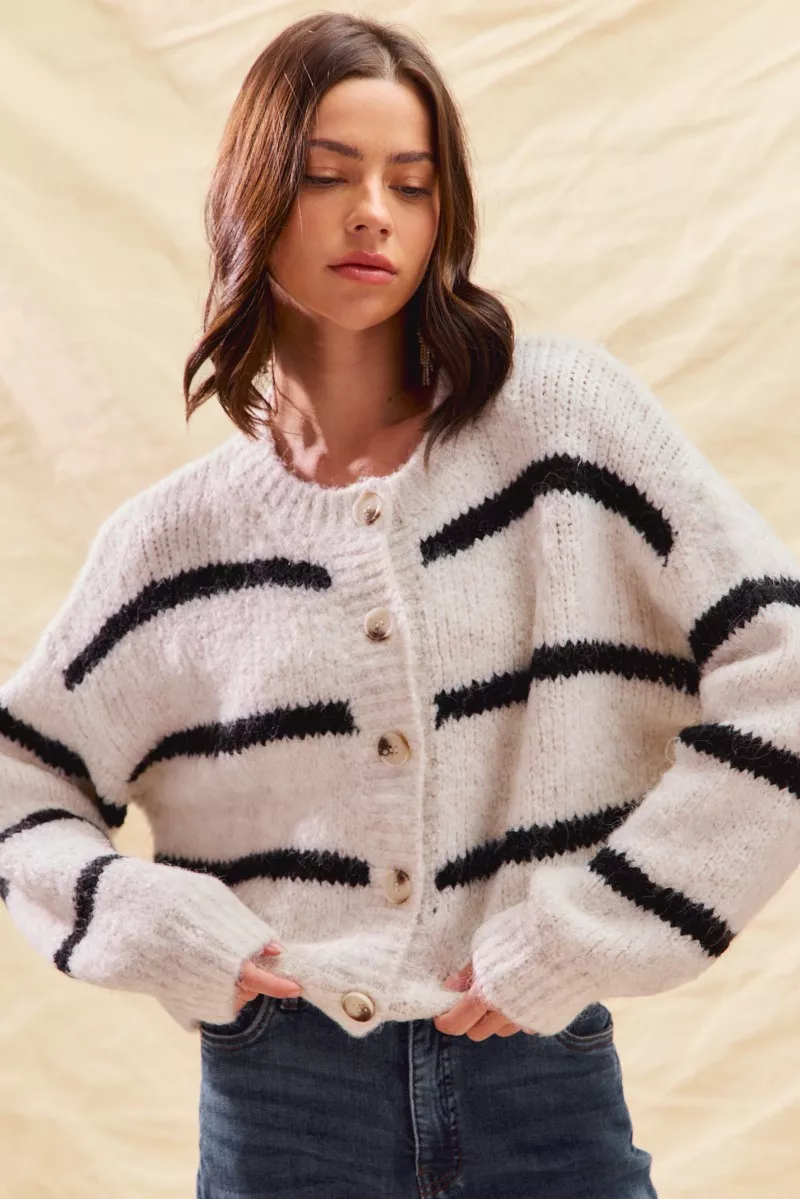Stripe Soft Touch Button Cozy Sweater Cardigan, image 14