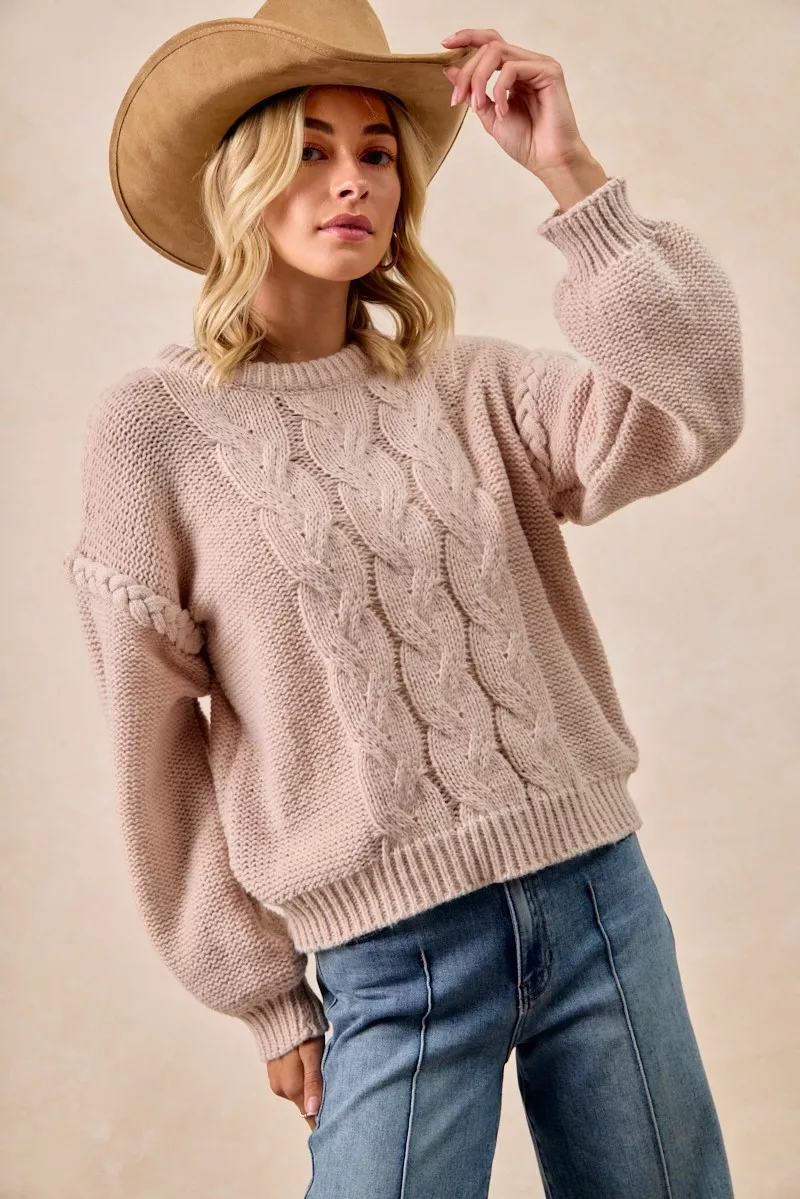 Cable Knit Sweater with Shoulder Braid Detail, image 10