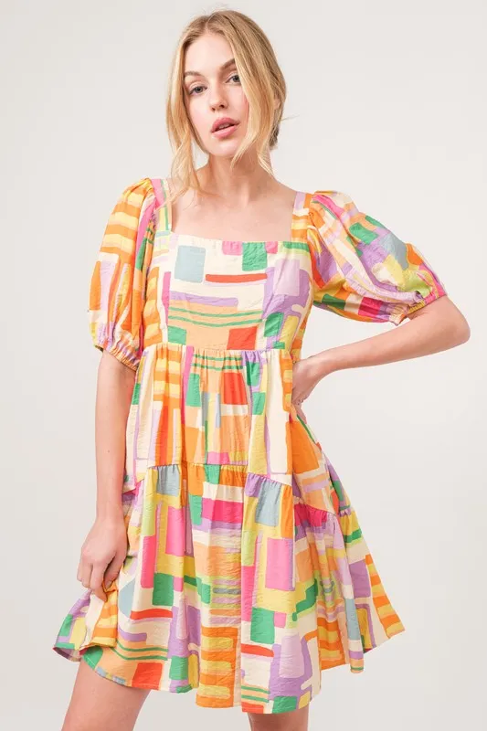 Square Neck Puff Sleeve Geo Printed Mini Dress, image 4