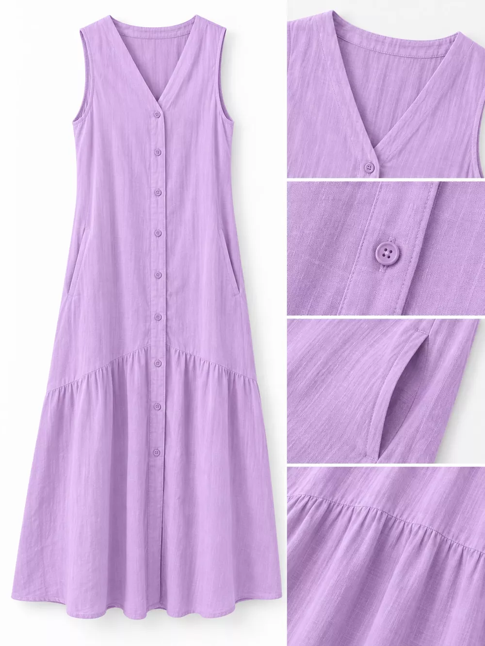 Full Size V-Neck Button Front Sleeveless Midi Dress Plus Size, image 30