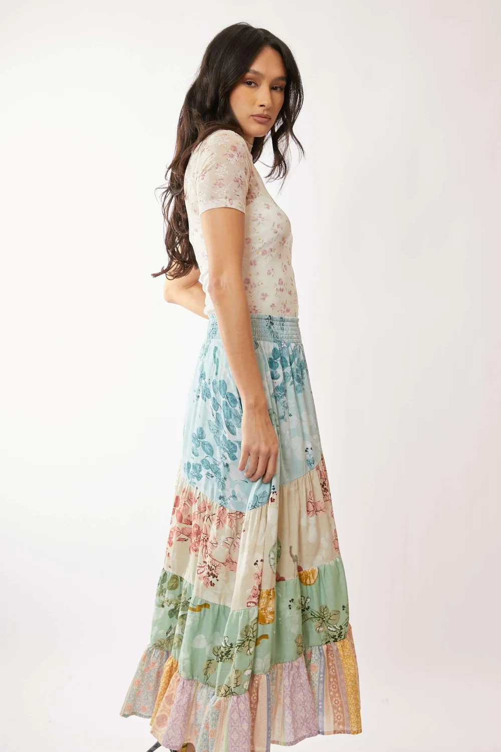Floral Mesh Mock Neck Short Sleeve Top, image 6