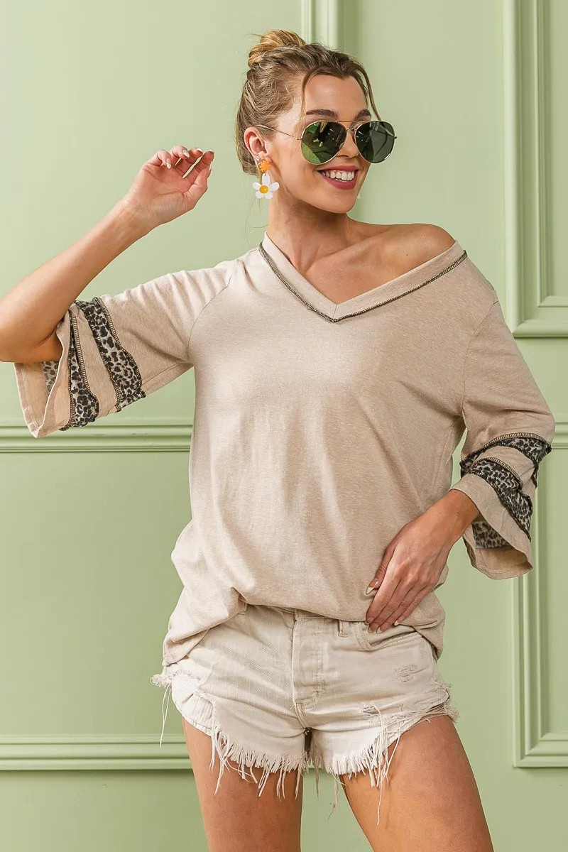 Triblend Knit Top with Leopard Band Detail, image 8