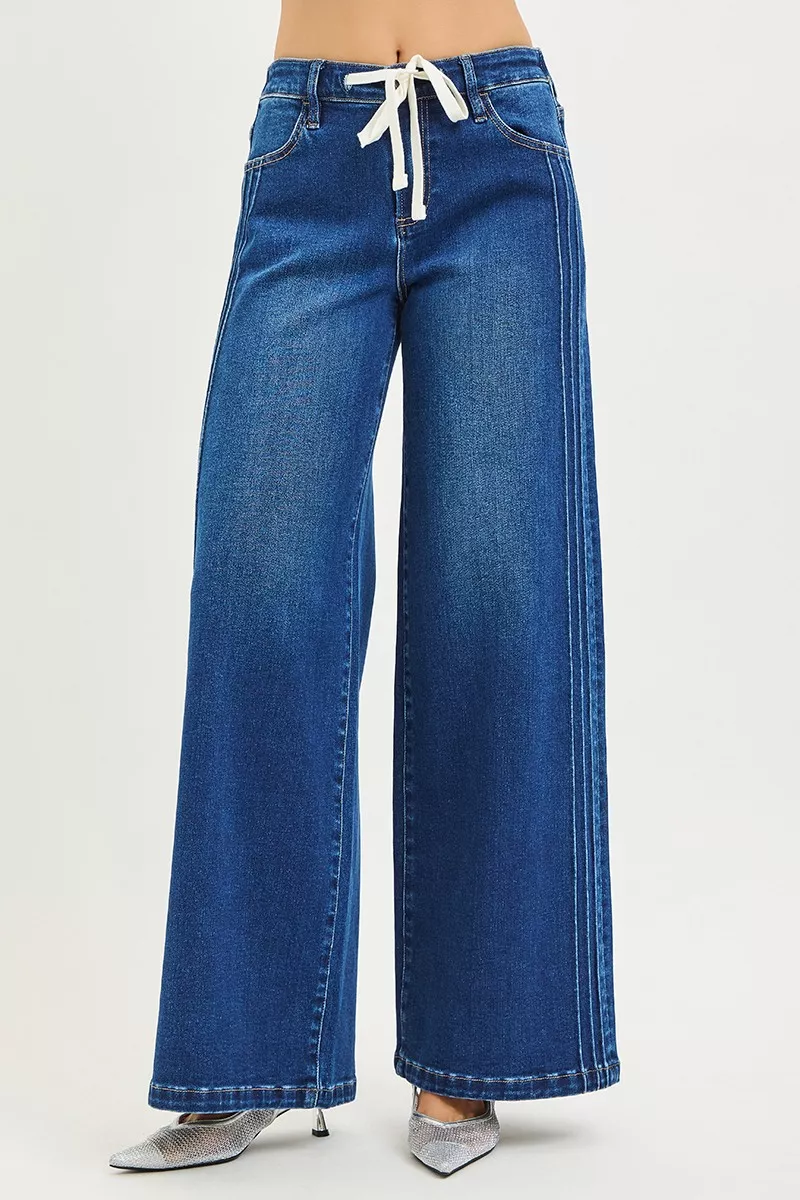 Full Size Mid Rise Wide Side Pintuck Jeans with Front Drawstring Plus Size, image 5