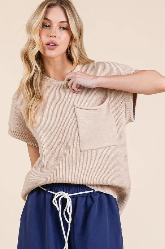 Solid Cap Sleeve Stitch Edge Knit Sweater, image 6