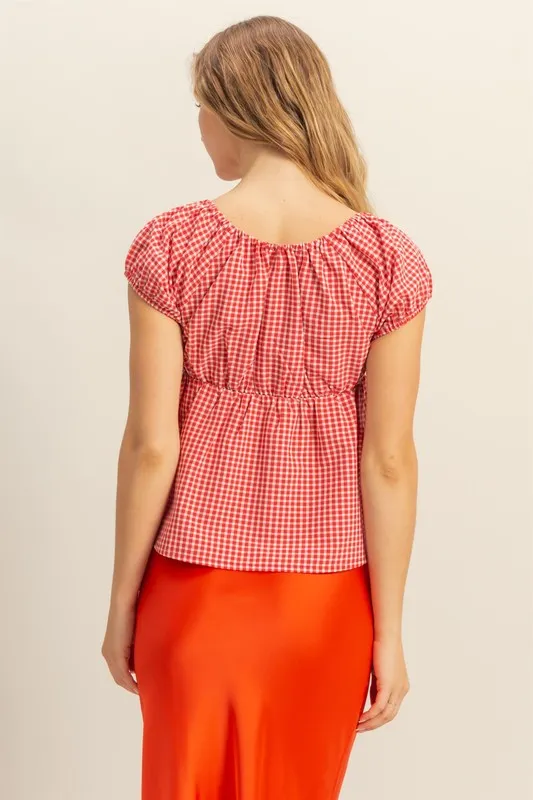 Gingham Scoop Neck Cap Sleeve Blouse, image 3