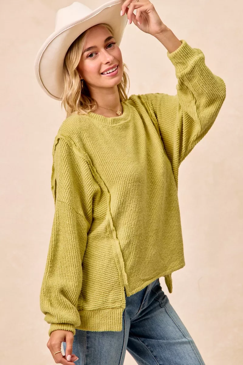 Boucle Rib Knit Uneven Hem Sweater With Open Seam, image 13