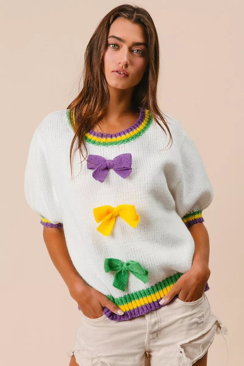 Short Puff Sleeve Ribbon Bow Mardi Gras Sweater, image 8