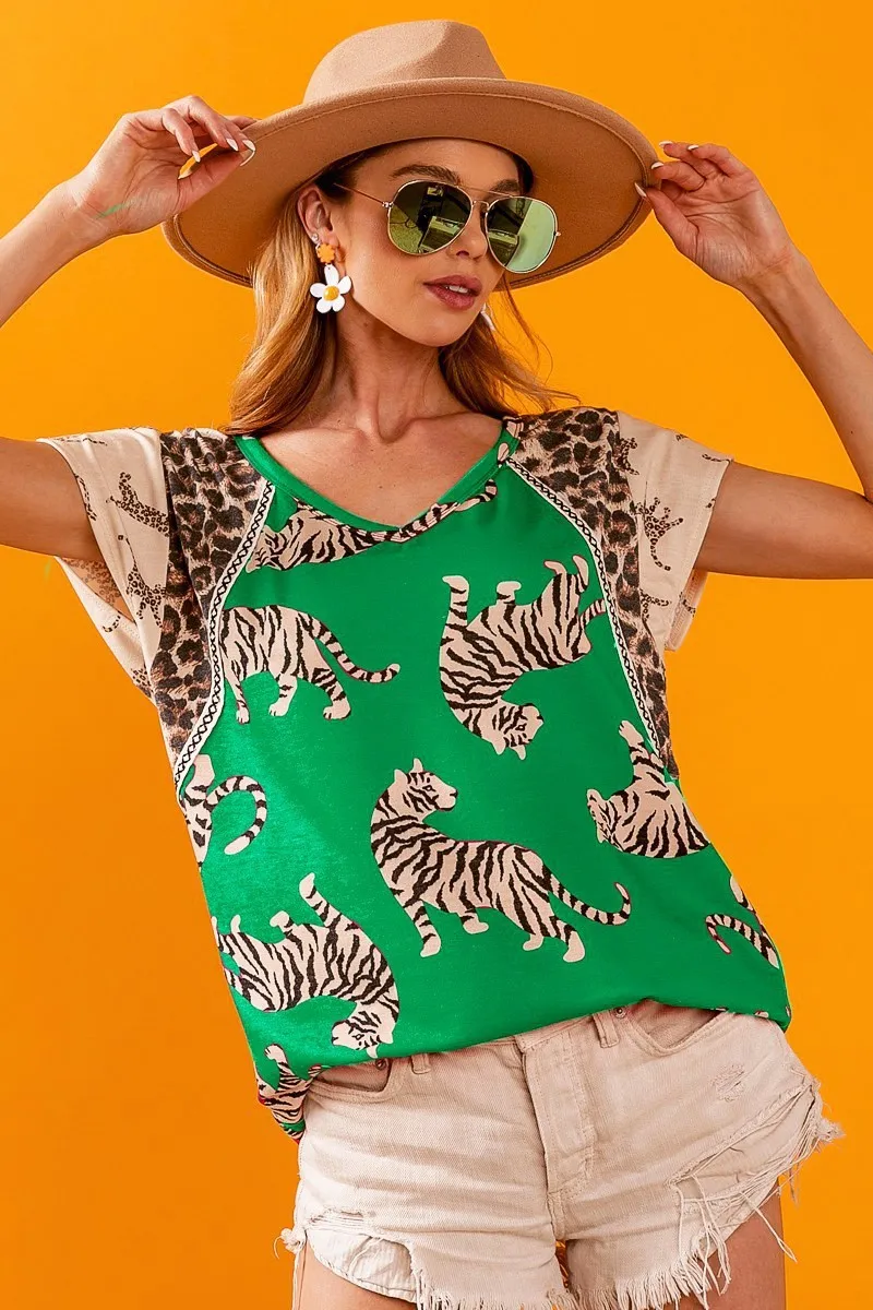 Tiger Printed Jersey Block T-Shirt with Aztec Trim