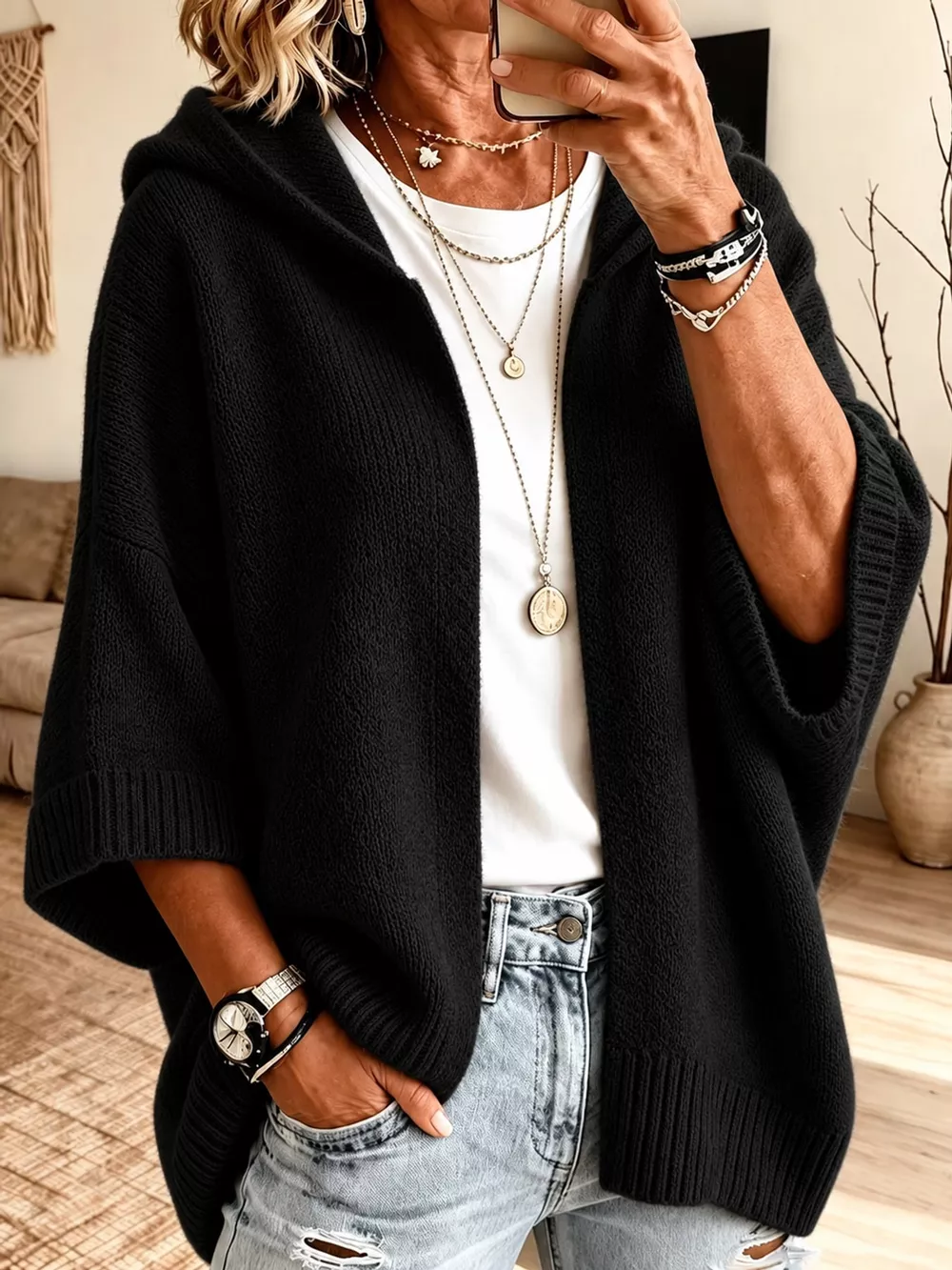 Full Size Hooded Open-Front Knit Cardigan Plus Size, image 16
