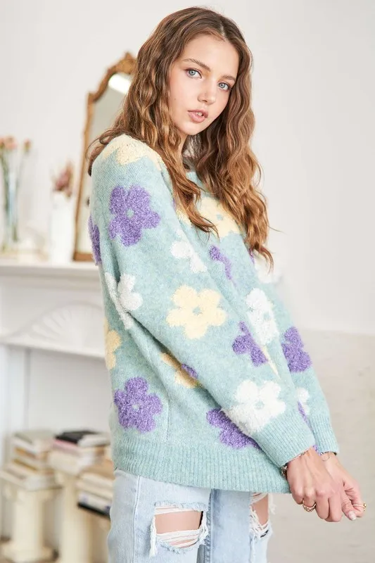 Full Size Floral Popped 2-Tone Sweater Top Plus Size, image 6