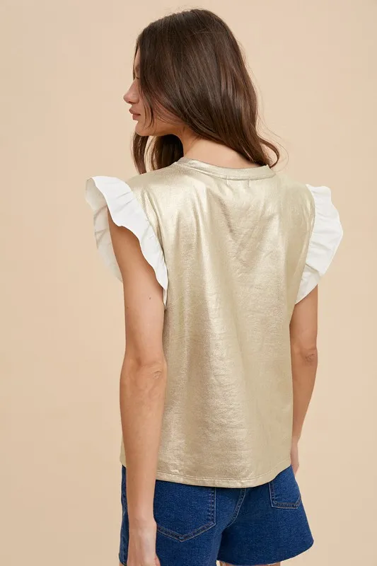 Mix Media Metallic Knit Ruffle Sleeve Top, image 3
