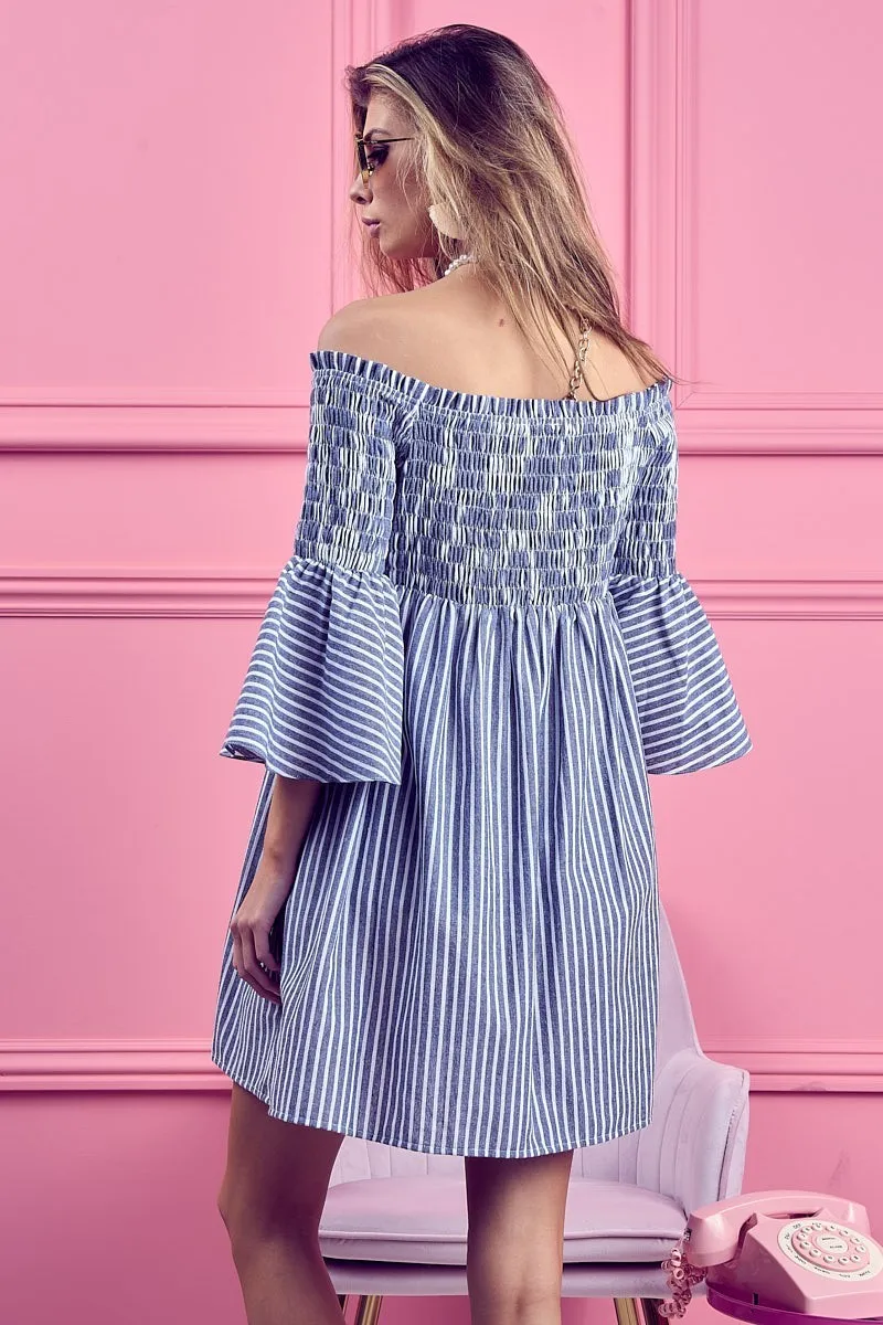 Smocked Off Shoulder Striped Dress, image 12