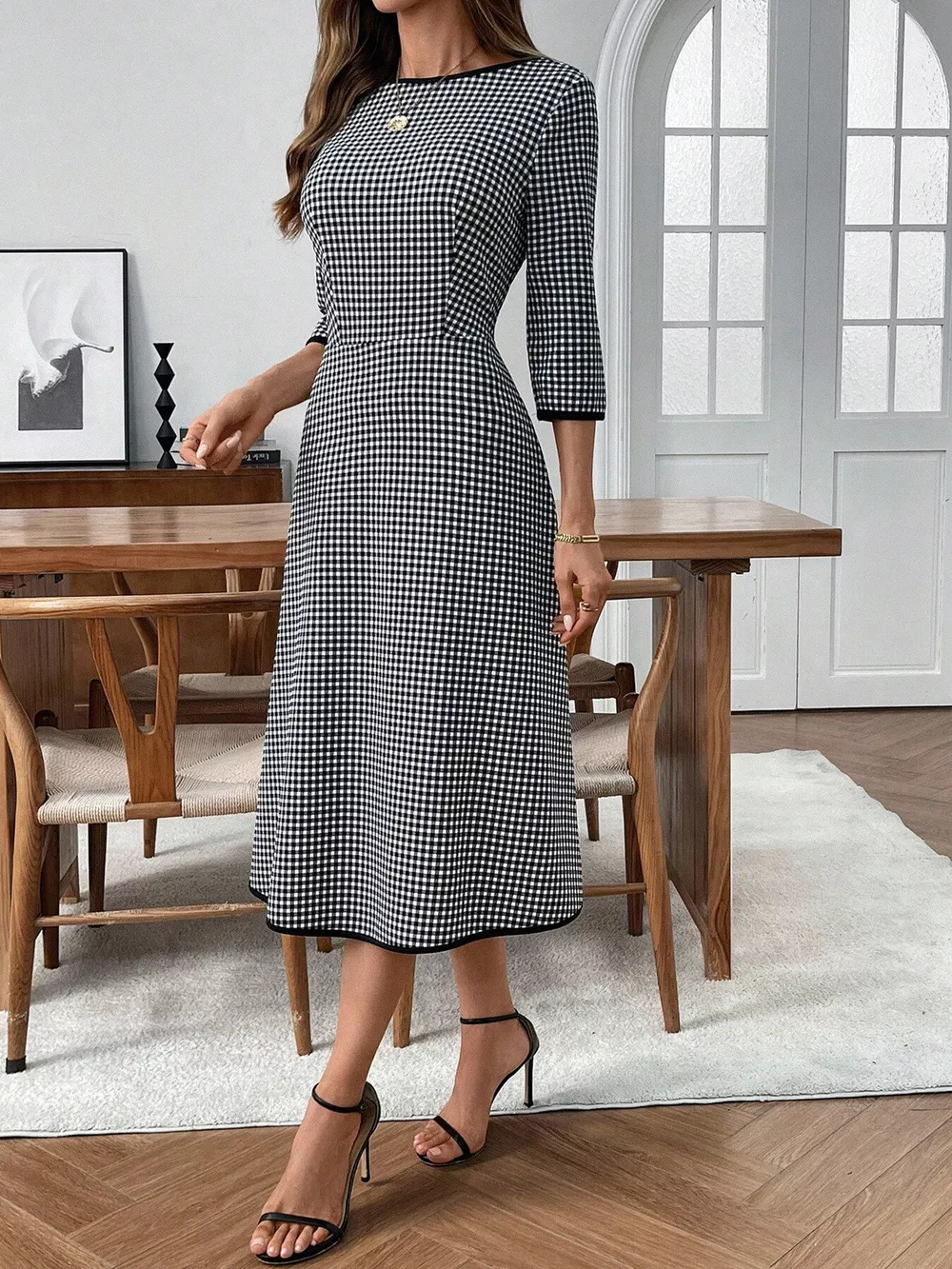 Plaid Round Neck 3/4 Sleeve Dress, image 4