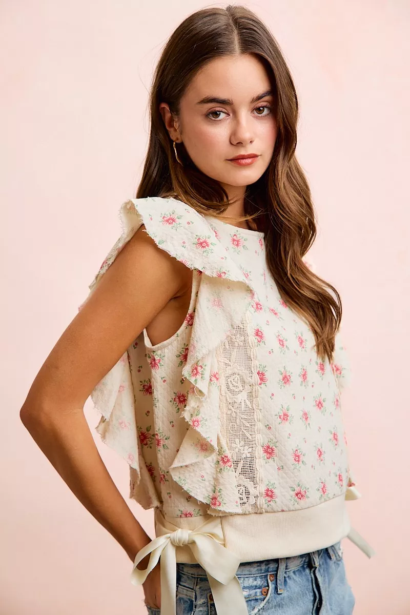 BiBi Flower Printed Ruffle Sleeve Trim Detail Top, image 46