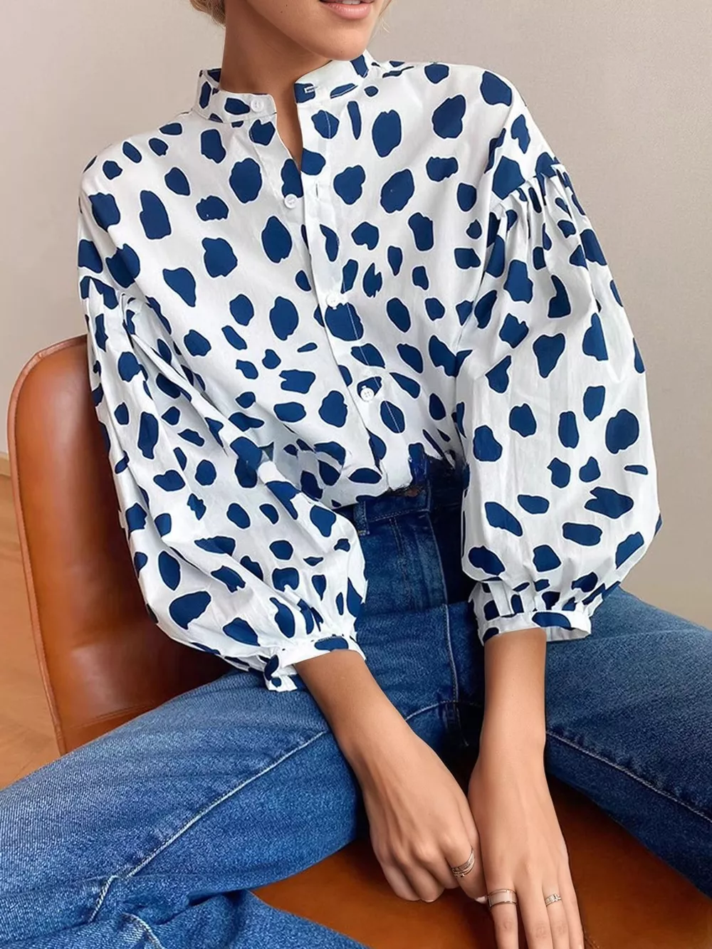 Printed Puff Sleeve Button-Down Shirt