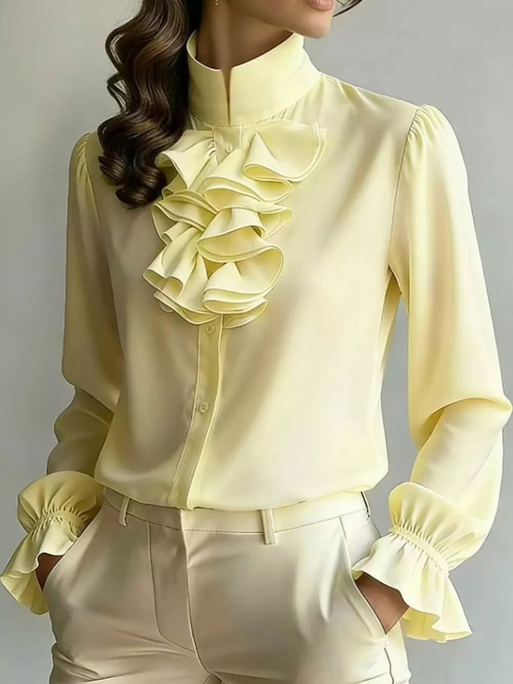 Ruffled Stand-Collar Blouse with Long Lantern Sleeves, image 34