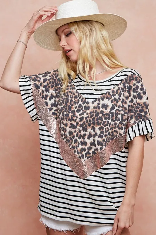 Stripe Rayon Span Knit Color Block Top With Leopard, image 2