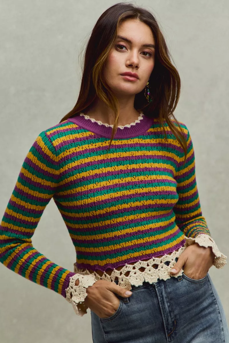Mardi Gras Striped Cropped Knit Top with Crochet Edge, image 9
