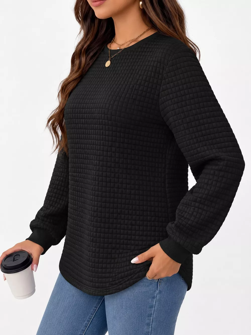 Plus Size Textured Waffle Knit Crew Neck Sweatshirt, image 11